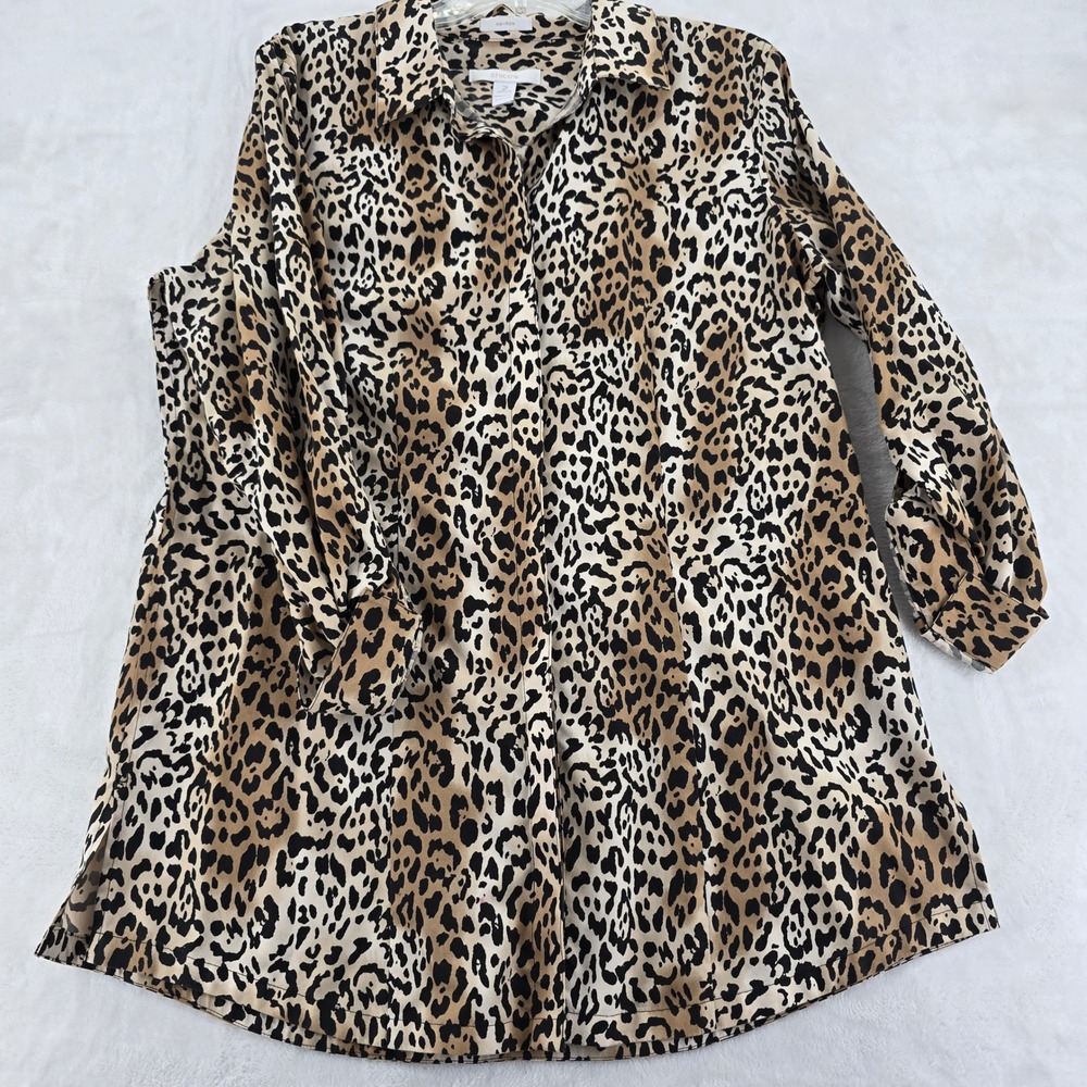 Chico's Button Down Womens 2 Shirt Leopard Print No-Iron Cotton Tunic Tan